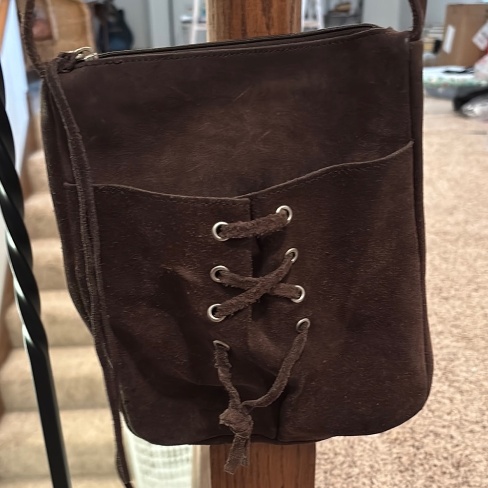 Brown Suede Crossbody Bag with Lace-Up Detail